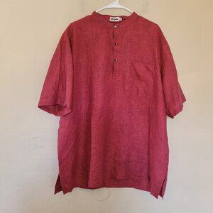 FABINDIA Shirt Mens Size 46 Red Henley Lightweight 100% Linen Short Sleeve Beach